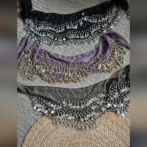 Trio of Coin Hip Scarves - Black, Lavender, Green